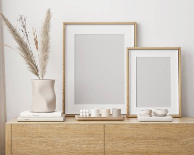 Çerçeve modeli, ISO. Kağıt boyutunda. Oturma odası poster modeli. Evin arka planına sahip iç modeller. Modern iç tasarım. 3 Boyutlu Hazırlama
