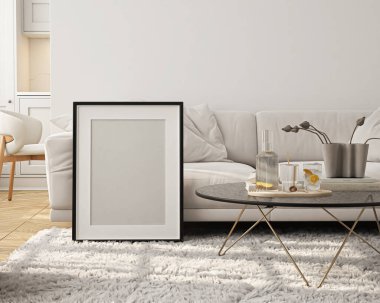 Çerçeve modeli, ISO. Kağıt boyutunda. Oturma odasının poster modeli. Evin arka planına sahip iç modeller. Modern iç tasarım. 3 Boyutlu Hazırlama