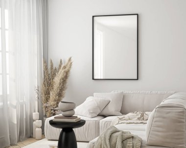 Çerçeve modeli, ISO. Kağıt boyutunda. Oturma odasının poster modeli. Evin arka planına sahip iç modeller. Modern iç tasarım. 3 Boyutlu Hazırlama