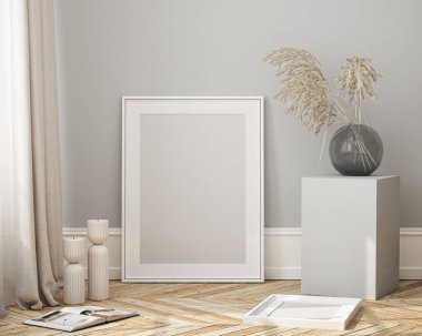 Çerçeve modeli, ISO. Kağıt boyutunda. Oturma odasının poster modeli. Evin arka planına sahip iç modeller. Modern iç tasarım. 3 Boyutlu Hazırlama