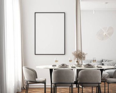 Çerçeve modeli, ISO. Kağıt boyutunda. Oturma odasının poster modeli. Evin arka planına sahip iç modeller. Modern iç tasarım. 3 Boyutlu Hazırlama