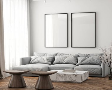 Çerçeve modeli, ISO. Kağıt boyutunda. Oturma odasının poster modeli. Evin arka planına sahip iç modeller. Modern iç tasarım. 3 Boyutlu Hazırlama