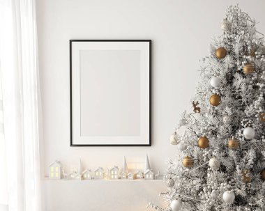 Çerçeve modeli, ISO. Kağıt boyutunda. Oturma odasının poster modeli. Evin iç mimarisi ve Noel ağacı süslemesi. Modern iç tasarım. 3 Boyutlu Hazırlama