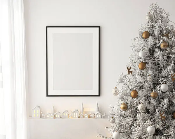 Frame mockup, ISO A paper size. Living room wall poster mockup. Interior mockup with house background with Christmas tree decoration. Modern interior design. 3D render