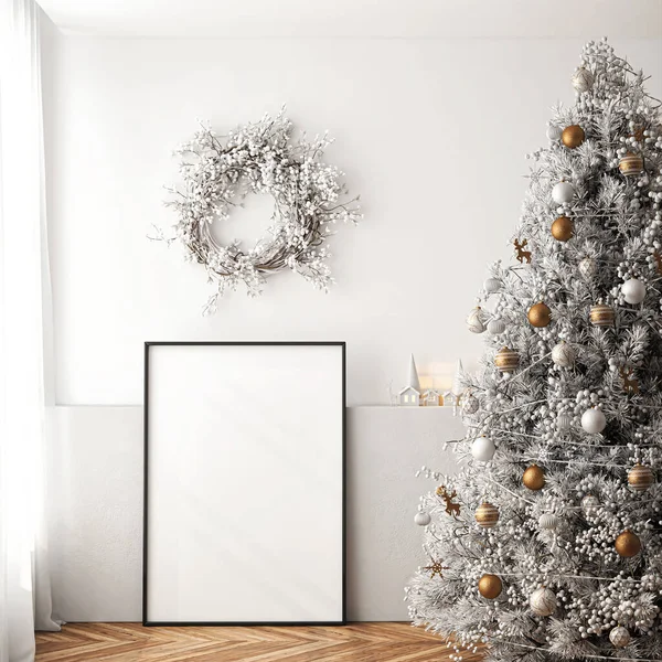 Frame mockup, ISO A paper size. Living room wall poster mockup. Interior mockup with house background. Modern interior design with Christmas tree decoration. 3D render