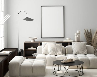 Çerçeve modeli, ISO. Kağıt boyutunda. Oturma odasının poster modeli. Evin arka planına sahip iç modeller. Modern iç tasarım. 3 Boyutlu Hazırlama