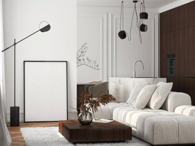 Çerçeve modeli, ISO. Kağıt boyutunda. Oturma odasının poster modeli. Evin arka planına sahip iç modeller. Modern iç tasarım. 3 Boyutlu Hazırlama