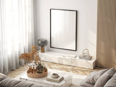 Çerçeve modeli, ISO. Kağıt boyutunda. Oturma odasının poster modeli. Evin arka planına sahip iç modeller. Modern iç tasarım. 3 Boyutlu Hazırlama