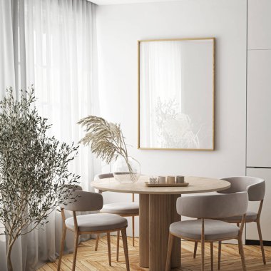 Çerçeve modeli, ISO. Kağıt boyutunda. Oturma odasının poster modeli. Evin arka planına sahip iç modeller. Modern iç tasarım. 3 Boyutlu Hazırlama