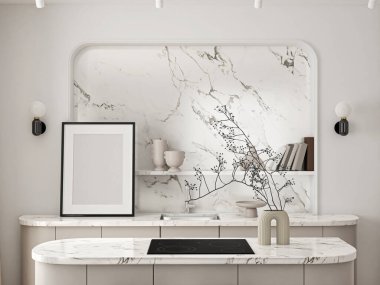 Çerçeve modeli, ISO. Kağıt boyutunda. Oturma odasının poster modeli. Evin arka planına sahip iç modeller. Modern iç tasarım. 3 Boyutlu Hazırlama