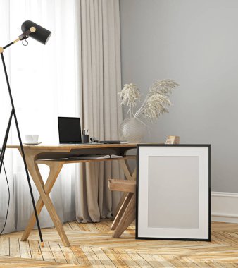 Çerçeve modeli, ISO. Kağıt boyutunda. Oturma odasının poster modeli. Evin arka planına sahip iç modeller. Modern iç tasarım. 3 Boyutlu Hazırlama