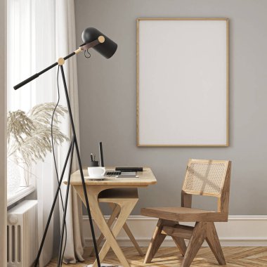 Çerçeve modeli, ISO. Kağıt boyutunda. Oturma odasının poster modeli. Evin arka planına sahip iç modeller. Modern iç tasarım. 3 Boyutlu Hazırlama