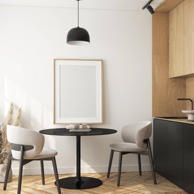 Çerçeve modeli, ISO. Kağıt boyutunda. Oturma odasının poster modeli. Evin arka planına sahip iç modeller. Modern iç tasarım. 3 Boyutlu Hazırlama