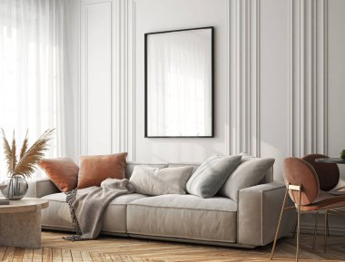 Çerçeve modeli, ISO. Kağıt boyutunda. Oturma odasının poster modeli. Evin arka planına sahip iç modeller. Modern iç tasarım. 3 Boyutlu Hazırlama