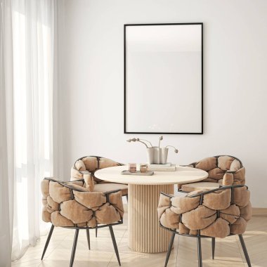 Çerçeve modeli, ISO. Kağıt boyutunda. Oturma odasının poster modeli. Evin arka planına sahip iç modeller. Modern iç tasarım. 3 Boyutlu Hazırlama