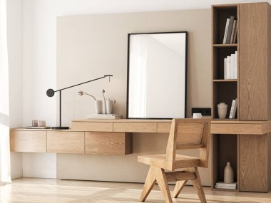 Çerçeve modeli, ISO. Kağıt boyutunda. İçişleri Bakanlığı posterinin maketi. Ofis geçmişi olan bir iç model. Modern iç tasarım. 3 Boyutlu Hazırlama