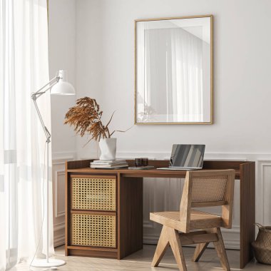 Çerçeve modeli, ISO. Kağıt boyutunda. İçişleri Bakanlığı posterinin maketi. Ofis geçmişi olan bir iç model. Modern iç tasarım. 3 Boyutlu Hazırlama