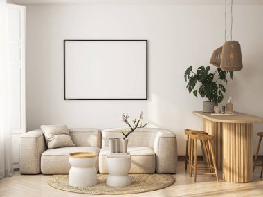 Çerçeve modeli, ISO. Kağıt boyutunda. Oturma odasının poster modeli. Evin arka planına sahip iç modeller. Modern iç tasarım. 3 Boyutlu Hazırlama