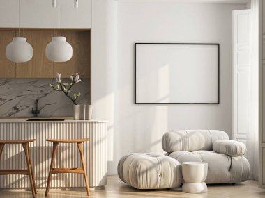 Çerçeve modeli, ISO. Kağıt boyutunda. Oturma odasının poster modeli. Evin arka planına sahip iç modeller. Modern iç tasarım. 3 Boyutlu Hazırlama