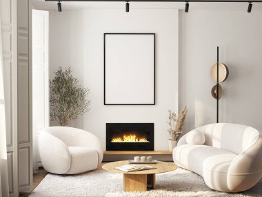 Çerçeve modeli, ISO. Kağıt boyutunda. Oturma odasının poster modeli. Evin arka planına sahip iç modeller. Modern iç tasarım. 3 Boyutlu Hazırlama