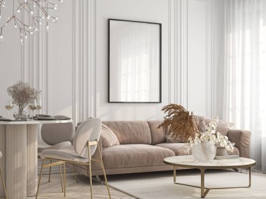 Çerçeve modeli, ISO. Kağıt boyutunda. Oturma odasının poster modeli. Evin arka planına sahip iç modeller. Modern iç tasarım. 3 Boyutlu Hazırlama