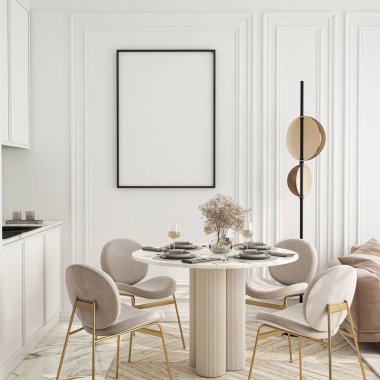 Çerçeve modeli, ISO. Kağıt boyutunda. Oturma odasının poster modeli. Evin arka planına sahip iç modeller. Modern iç tasarım. 3 Boyutlu Hazırlama