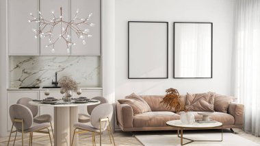 Çerçeve modeli, ISO. Kağıt boyutunda. Oturma odasının poster modeli. Evin arka planına sahip iç modeller. Modern iç tasarım. 3 Boyutlu Hazırlama