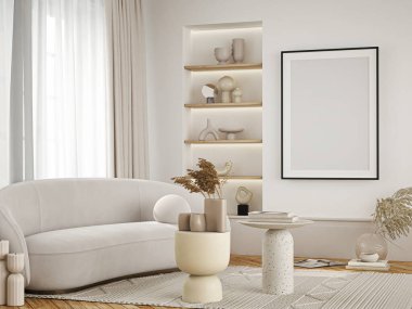 Çerçeve modeli, ISO. Kağıt boyutunda. Oturma odasının poster modeli. Evin arka planına sahip iç modeller. Modern iç tasarım. 3 Boyutlu Hazırlama