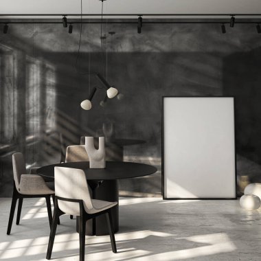 Çerçeve modeli, ISO. Kağıt boyutunda. Oturma odasının poster modeli. Evin arka planına sahip iç modeller. Modern iç tasarım. 3 Boyutlu Hazırlama