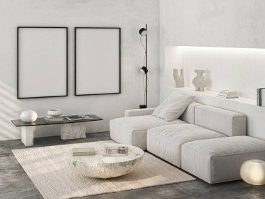 Çerçeve modeli, ISO. Kağıt boyutunda. Oturma odasının poster modeli. Evin arka planına sahip iç modeller. Modern iç tasarım. 3 Boyutlu Hazırlama