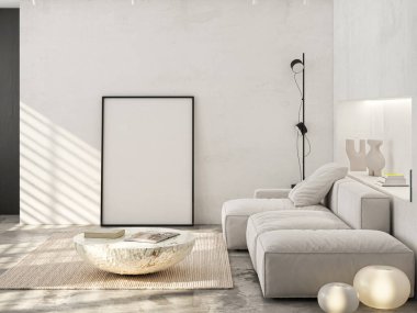 Çerçeve modeli, ISO. Kağıt boyutunda. Oturma odasının poster modeli. Evin arka planına sahip iç modeller. Modern iç tasarım. 3 Boyutlu Hazırlama