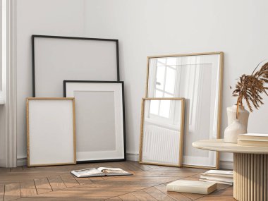 Çerçeve modeli, ISO. Kağıt boyutunda. Oturma odasının poster modeli. Evin arka planına sahip iç modeller. Modern iç tasarım. 3 Boyutlu Hazırlama