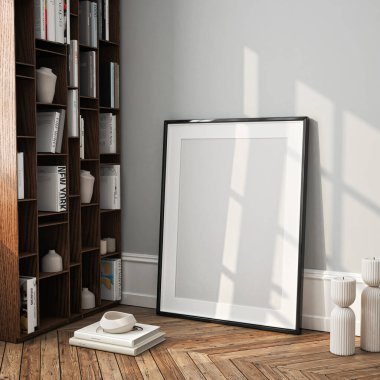 Çerçeve modeli, ISO. Kağıt boyutunda. Oturma odasının poster modeli. Evin arka planına sahip iç modeller. Modern iç tasarım. 3 Boyutlu Hazırlama