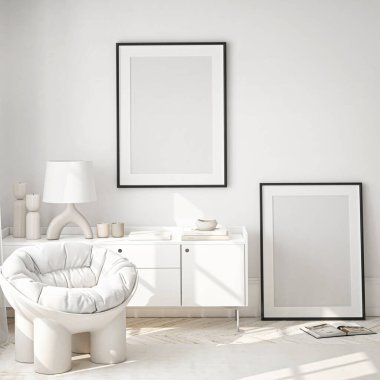 Çerçeve modeli, ISO. Kağıt boyutunda. Oturma odasının poster modeli. Evin arka planına sahip iç modeller. Modern iç tasarım. 3 Boyutlu Hazırlama