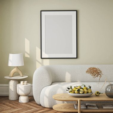 Çerçeve modeli, ISO. Kağıt boyutunda. Oturma odasının poster modeli. Evin arka planına sahip iç modeller. Modern iç tasarım. 3 Boyutlu Hazırlama