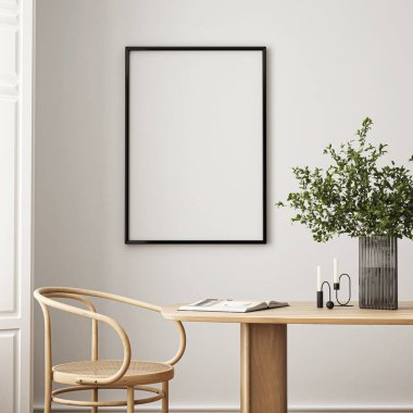 Çerçeve modeli, ISO. Kağıt boyutunda. Oturma odasının poster modeli. Evin arka planına sahip iç modeller. Modern iç tasarım. 3 Boyutlu Hazırlama