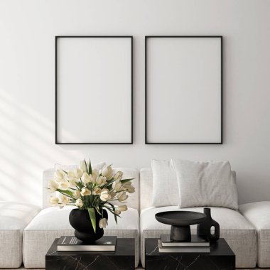 Çerçeve modeli, ISO. Kağıt boyutunda. Oturma odasının poster modeli. Evin arka planına sahip iç modeller. Modern iç tasarım. 3 Boyutlu Hazırlama