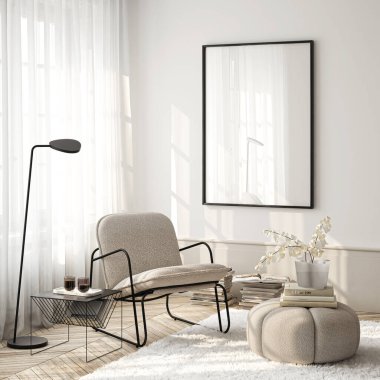 Çerçeve modeli, ISO. Kağıt boyutunda. Oturma odasının poster modeli. Evin arka planına sahip iç modeller. Modern iç tasarım. 3 Boyutlu Hazırlama