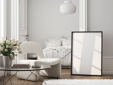 Çerçeve modeli, ISO. Kağıt boyutunda. Oturma odasının poster modeli. Evin arka planına sahip iç modeller. Modern iç tasarım. 3 Boyutlu Hazırlama