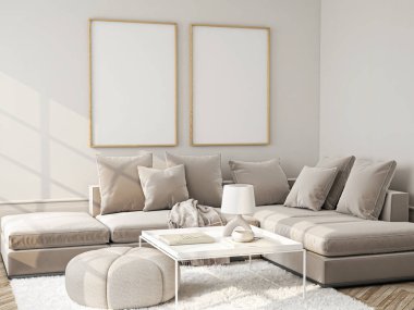 Çerçeve modeli, ISO. Kağıt boyutunda. Oturma odasının poster modeli. Evin arka planına sahip iç modeller. Modern iç tasarım. 3 Boyutlu Hazırlama