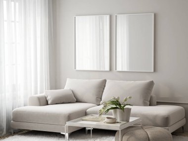 Çerçeve modeli, ISO. Kağıt boyutunda. Oturma odasının poster modeli. Evin arka planına sahip iç modeller. Modern iç tasarım. 3 Boyutlu Hazırlama