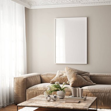 Çerçeve modeli, ISO. Kağıt boyutunda. Oturma odasının poster modeli. Evin arka planına sahip iç modeller. Modern iç tasarım. 3 Boyutlu Hazırlama