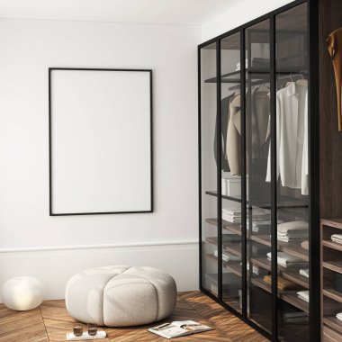 Çerçeve modeli, ISO. Kağıt boyutunda. Dolabın duvarındaki poster modelinin içinde yürü. Evin arka planına sahip iç modeller. Modern iç tasarım. 3 Boyutlu Hazırlama