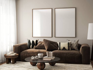 Çerçeve modeli, ISO. Kağıt boyutunda. Oturma odasının poster modeli. Evin arka planına sahip iç modeller. Modern iç tasarım. 3 Boyutlu Hazırlama