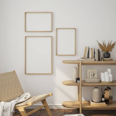 Çerçeve modeli, ISO. Kağıt boyutunda. Oturma odasının poster modeli. Evin arka planına sahip iç modeller. Modern iç tasarım. 3 Boyutlu Hazırlama