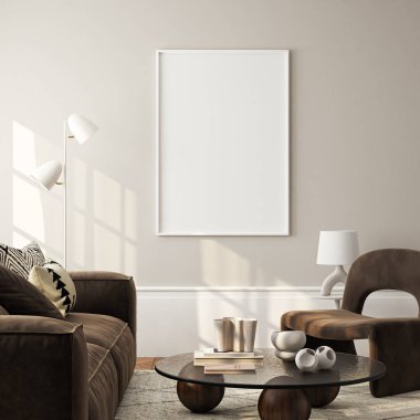 Çerçeve modeli, ISO. Kağıt boyutunda. Oturma odasının poster modeli. Evin arka planına sahip iç modeller. Modern iç tasarım. 3 Boyutlu Hazırlama