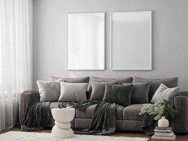 Çerçeve modeli, ISO. Kağıt boyutunda. Oturma odasının poster modeli. Evin arka planına sahip iç modeller. Modern iç tasarım. 3 Boyutlu Hazırlama