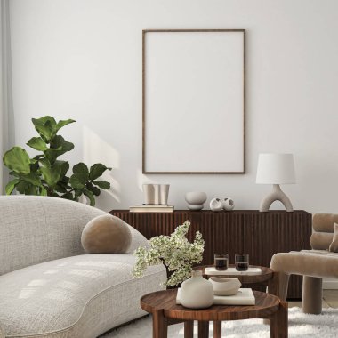 Çerçeve modeli, ISO. Kağıt boyutunda. Oturma odasının poster modeli. Evin arka planına sahip iç modeller. Modern iç tasarım. 3 Boyutlu Hazırlama