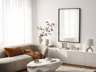 Çerçeve modeli, ISO. Kağıt boyutunda. Oturma odasının poster modeli. Evin arka planına sahip iç modeller. Modern iç tasarım. 3 Boyutlu Hazırlama