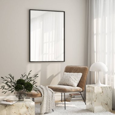 Çerçeve modeli, ISO. Kağıt boyutunda. Oturma odasının poster modeli. Evin arka planına sahip iç modeller. Modern iç tasarım. 3 Boyutlu Hazırlama